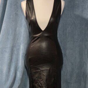 Size 4 PrettyLittleThing Black Faux Leather Deep V-Neck Bodycon Dress